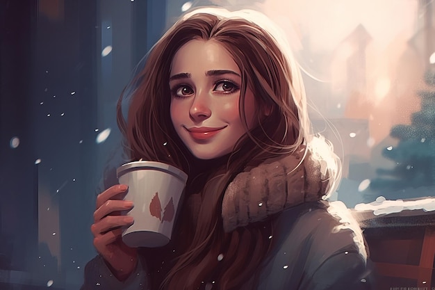 A girl with a cup of coffee in a winter scene