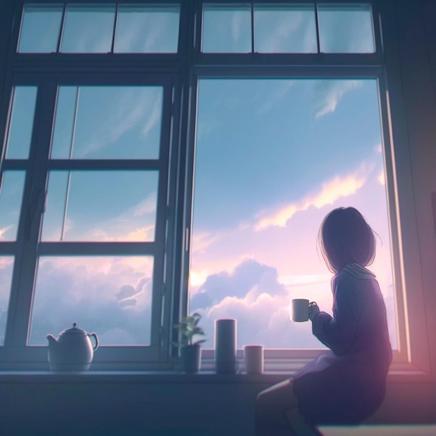 Girl with a cup of hot tea by the window in anime style