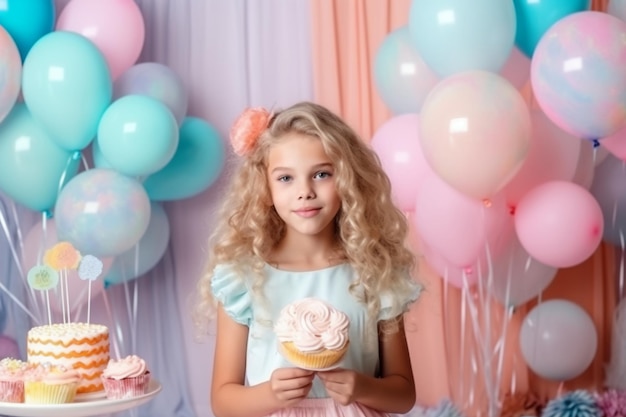 A girl with a cupcake in her hands stands in front of a pink and blue balloons.