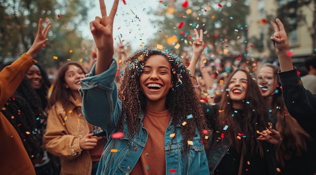 a girl with curly hair is smiling and holding a bunch of confetti