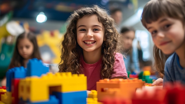 a girl with curly hair and a pink shirt is playing with blocks