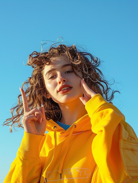 a girl with curly hair wearing a yellow jacket with the word peace on it