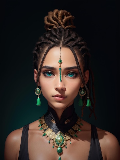 A girl with dreadlocks and blue eyes looks at the camera.