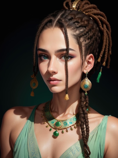 A girl with dreadlocks and a green necklace