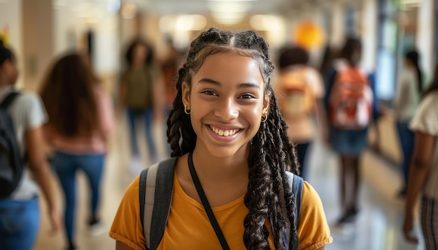 a girl with dreadlocks smiles in a crowded hallway