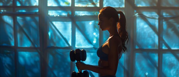 Photo girl with dumbbells on a neutral background