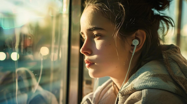 a girl with earbuds that are in front of a window