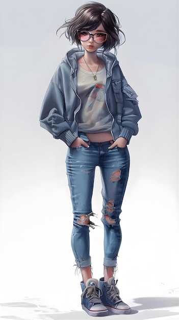 But A Girl With Eyes Glasses And Short Hair Full Body Jeans Blue Sweater Full Body Photo