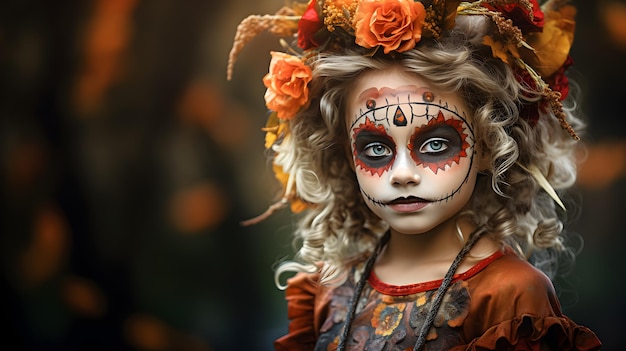 a girl with a face painted like a skeleton and flowers.