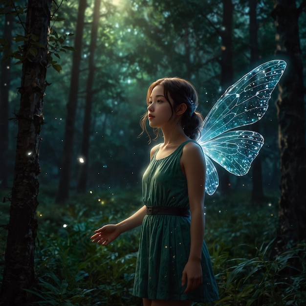 a girl with a fairy in the woods