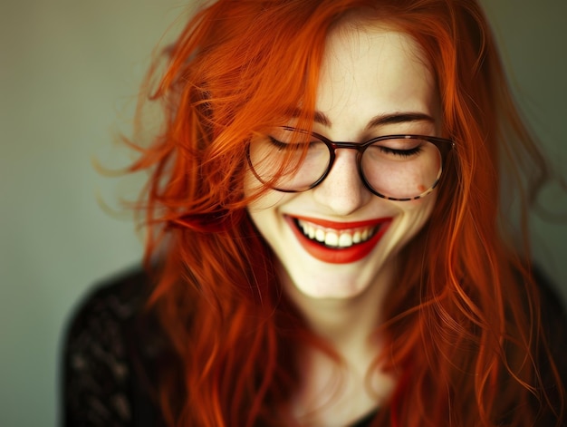 Photo a girl with fiery red hair red lipstick and red nail polish wearing glasses laughs full body short p