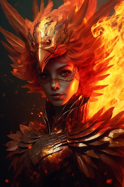 A girl with a fire bird on her head