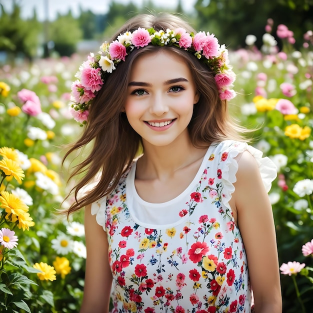 a girl with a flower crown in a field of flowers