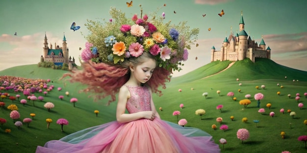 a girl with a flower crown on her head is sitting in a field with a castle in the background