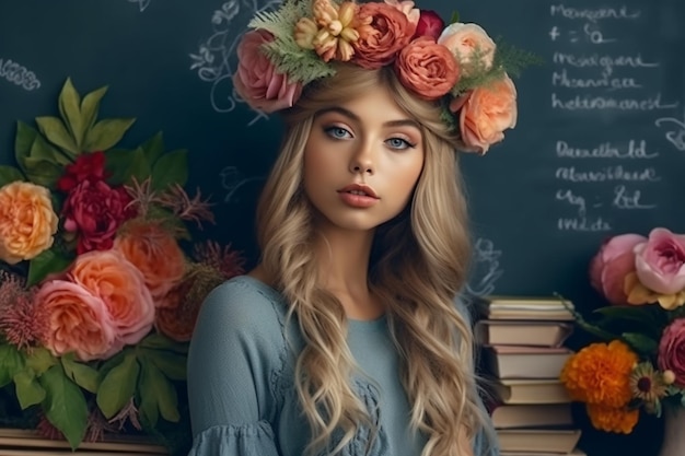 A girl with a flower crown on her head stands in front of a blackboard with books on it.