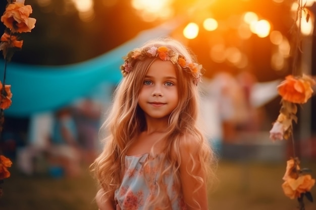 A girl with a flower crown on her head stands in front of a festival tent.