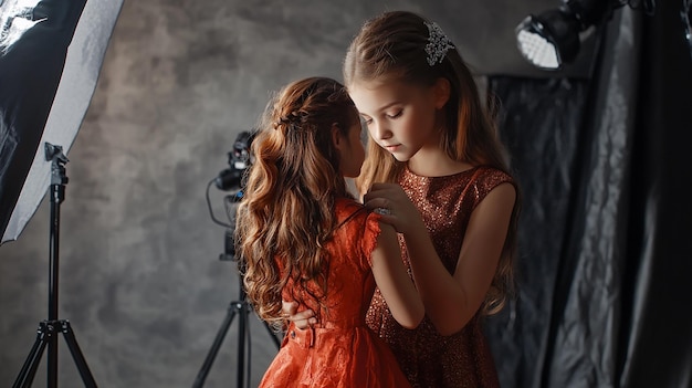 a girl with a flower in her hair is hugging her