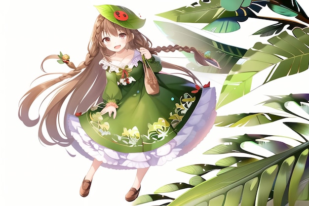 A girl with a flower on her hat is flying in the air.