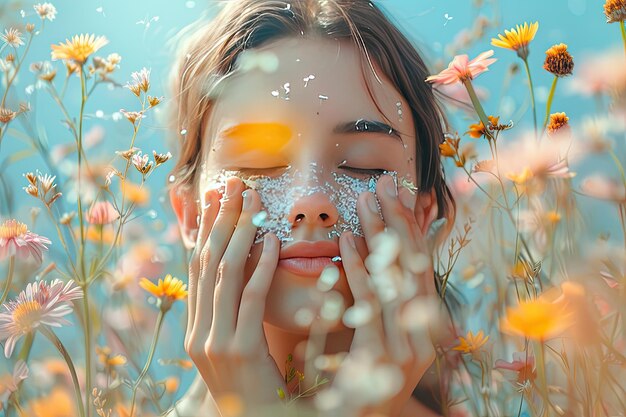 A girl with flower petals on her face in a blooming meadow