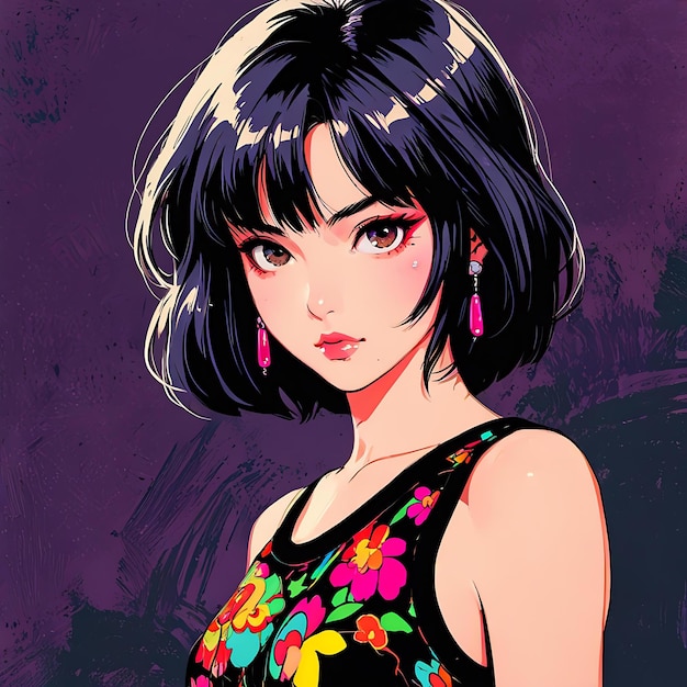 a girl with a flowered dress is painted on a purple background