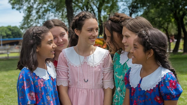 Photo a girl with a flowered dress is smiling and a girl in a pink dress is smiling