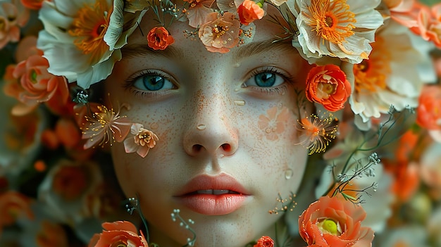 a girl with flowers on her face is surrounded by flowers