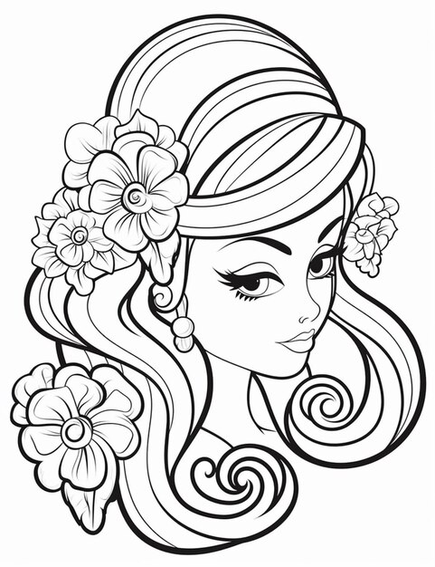 a girl with flowers in her hair coloring pages generative ai