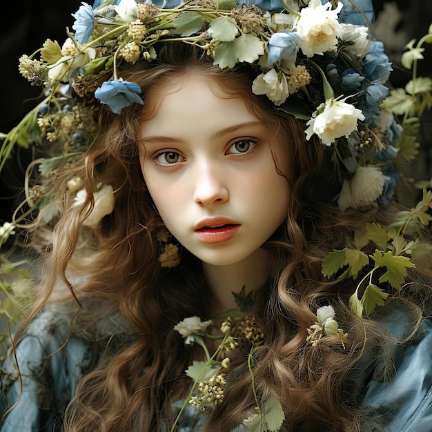 Girl with flowers on her head in a blue dress