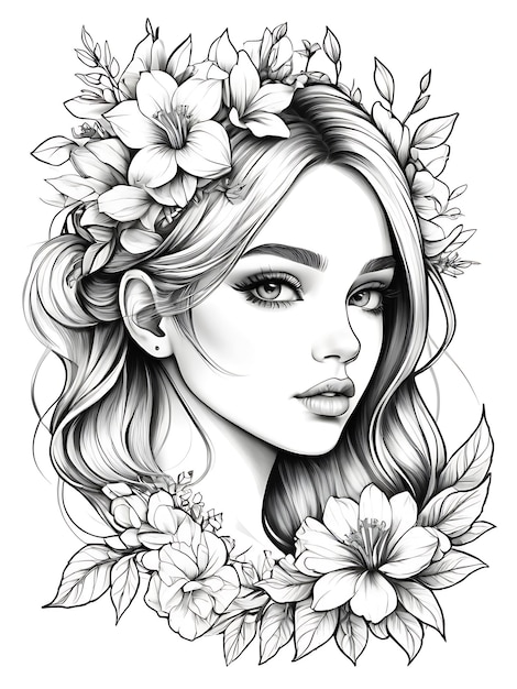 girl with flowers on her head and sketch line outline coloring page white background ai generated