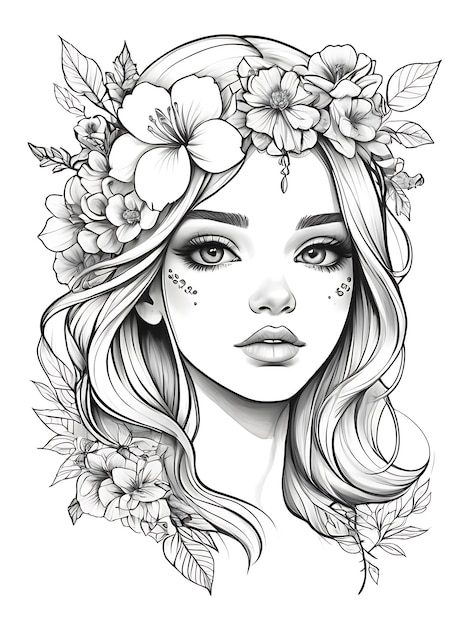 girl with flowers on her head and sketch line outline coloring page white background ai generated