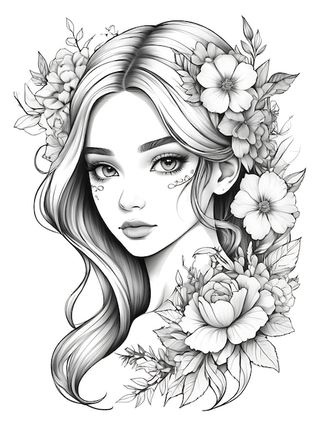 girl with flowers on her head and sketch line outline coloring page white background ai generated