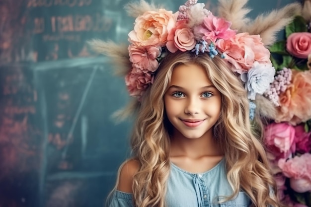 A girl with flowers on her head stands in front of a chalkboard