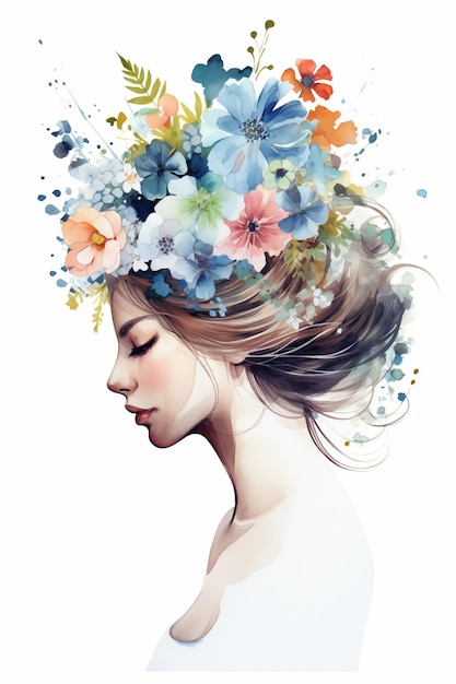 Girl with flowers on her head in watercolor style Illustration isolated on white background