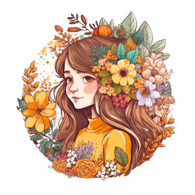 A girl with flowers on her head.