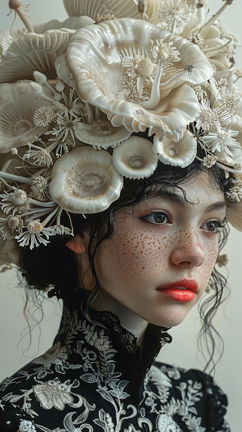 a girl with freckles and flowers on her head