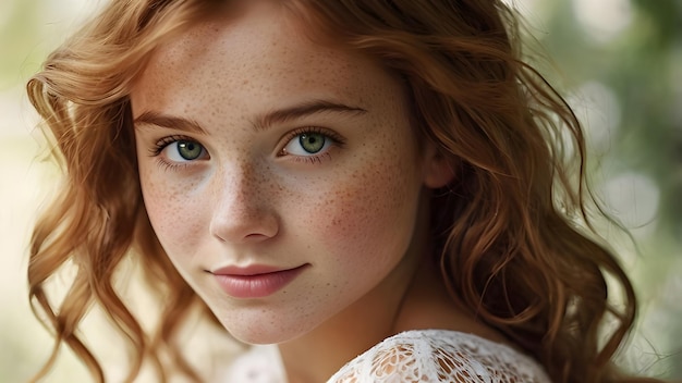 Photo a girl with freckles and freckles is posing with a sunflower on her face