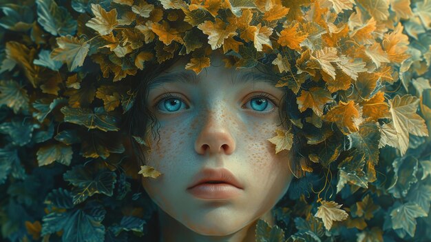 a girl with freckles and freckles is surrounded by yellow flowers