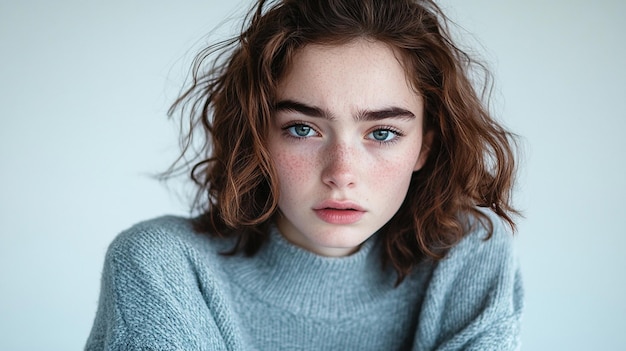 a girl with freckles on her face and a blue eyes