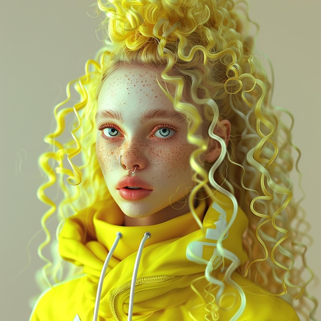 a girl with freckles on her face and her hair is wearing a yellow jacket with a white face