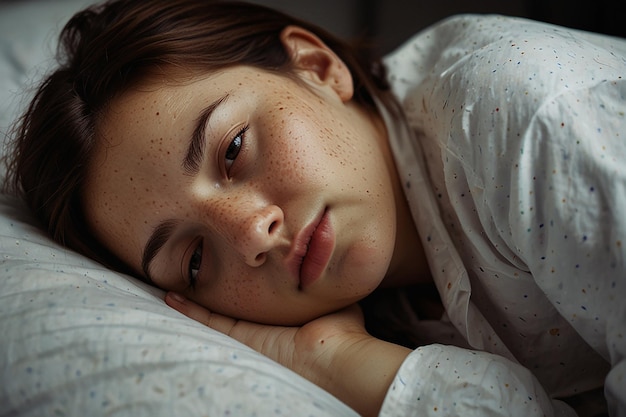 Photo a girl with freckles on her face is laying on a pillow