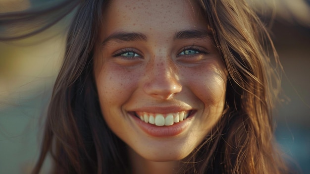 a girl with freckles on her face is smiling