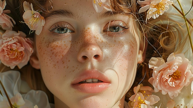 a girl with freckles on her face and the sun shining on her face