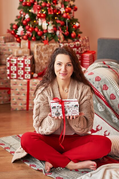 girl with a gift at home in the new year interior