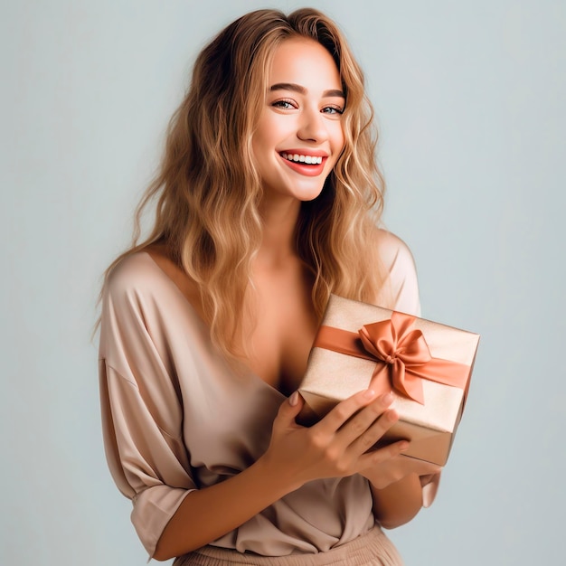 Girl with a gift on a light background