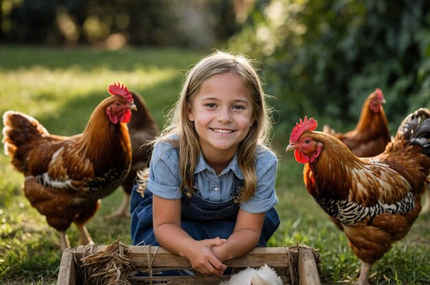 a girl with a girl in a blue dress is smiling with chickens