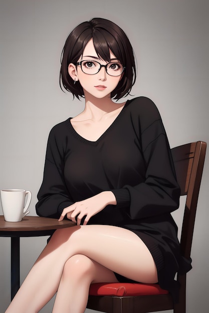 A girl with glasses and a black dress sitting at a table