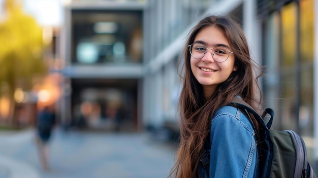 a girl with glasses and a denim jacket stands in front of a large glass building