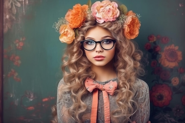 A girl with glasses and a flower crown on her head