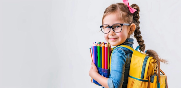 Girl with glasses holds books white background back to school theme