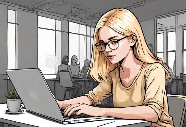 Photo a girl with glasses is typing on a laptop